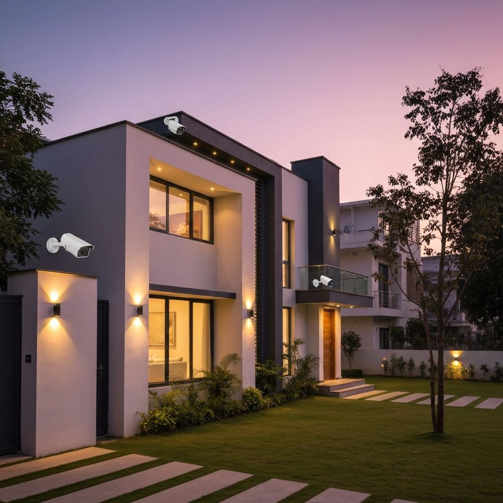 CCTV camera installed on modern Indian home exterior