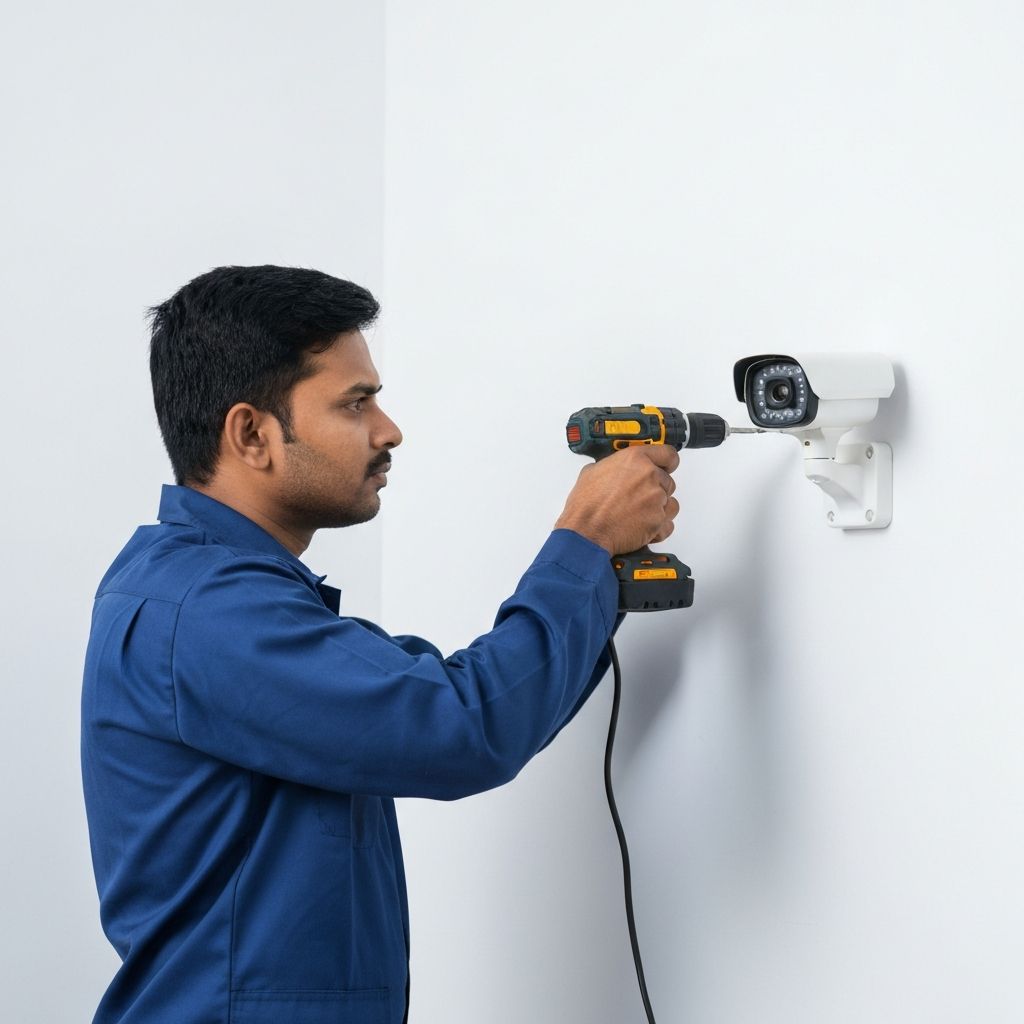 CCTV technician installing camera on wall in Dehradun